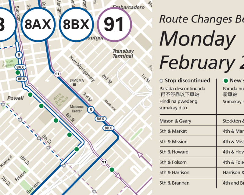 Map of changes to the 8 Bayshore and 91 OWL routes beginning on Monday, February 25.