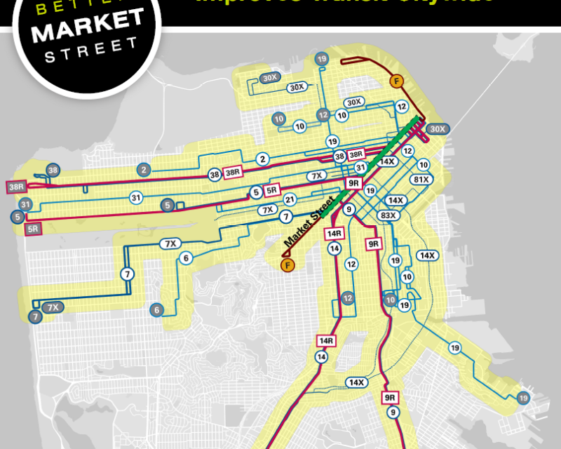 A map showing how the functionality of Market will help enhance transit to many parts of the City.