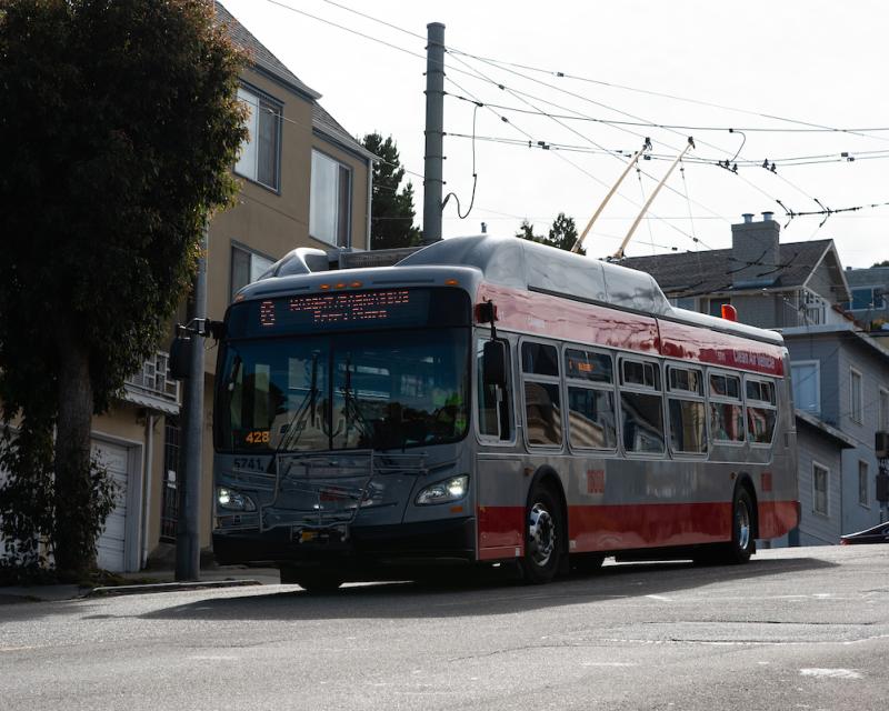 A 6 Parnassus red and silver Muni trolley bus
