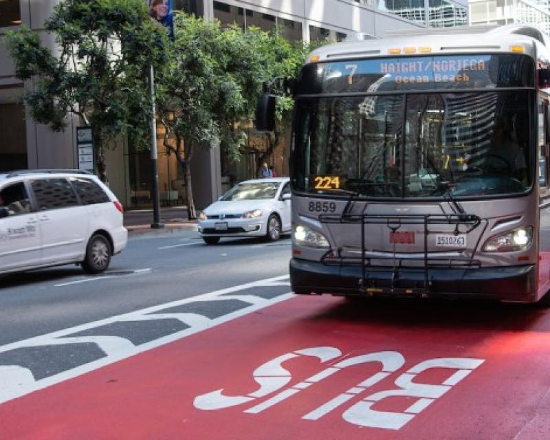 The 7 Haight using the transit only red lanes