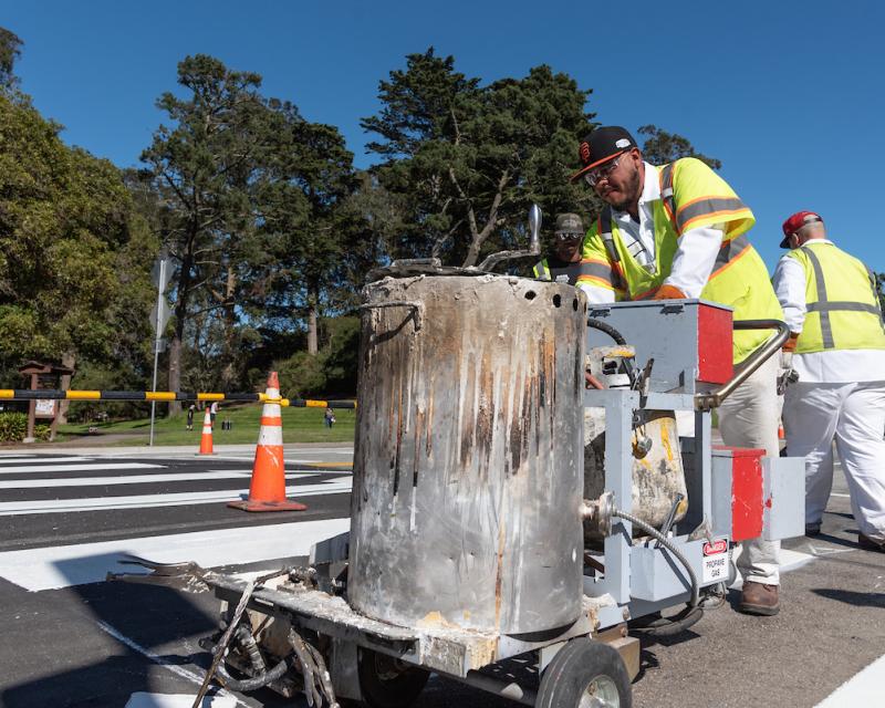 Crosswalks being painted inside Golden Gate Park