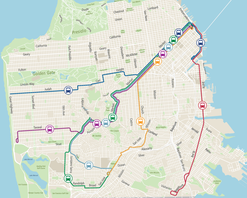 Map of Muni Metro bus substitutions 
