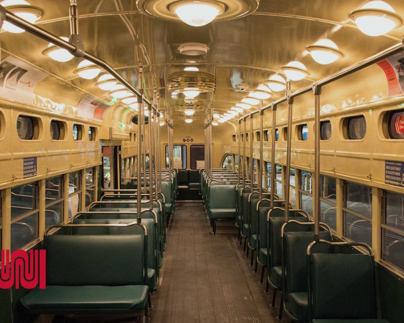 Image shows interior of historic street car