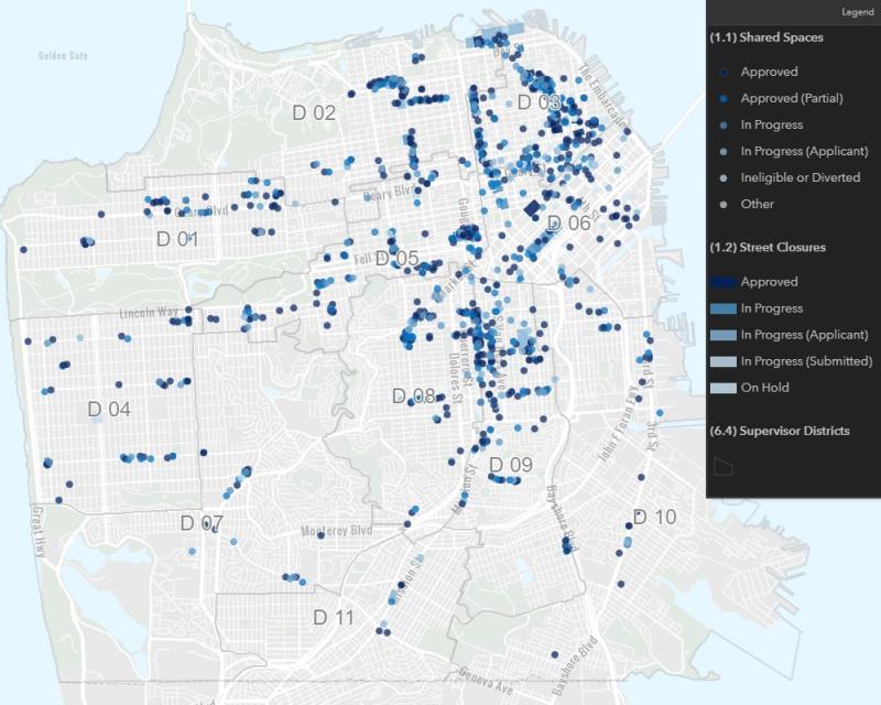 A map showing Shared Spaces around San Francisco