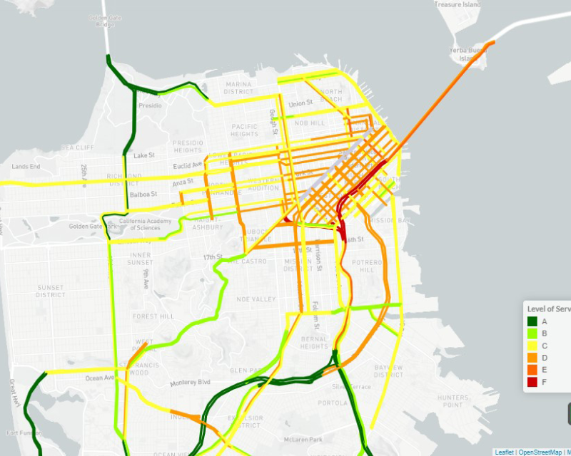 A map showing increased levels congestion in the Northeast part of San Francisco