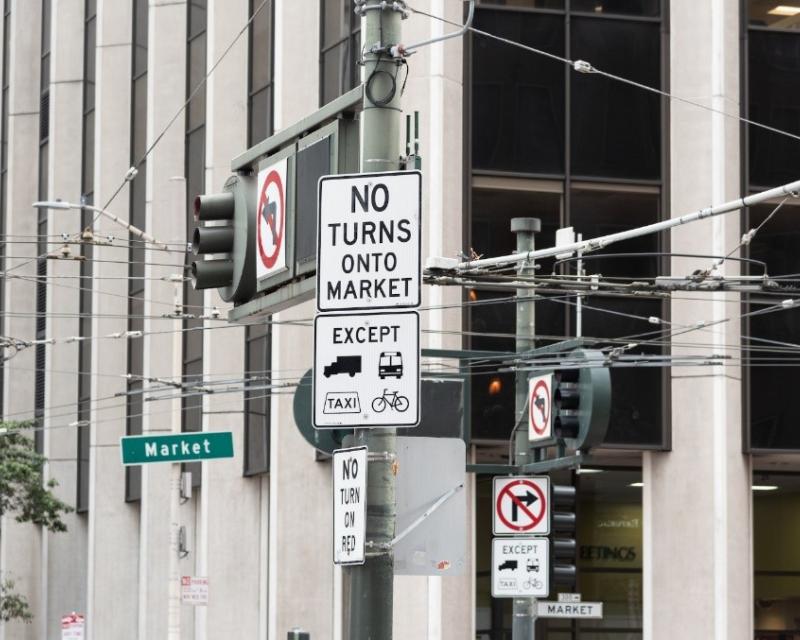 Signs indicating on turns onto Market Street