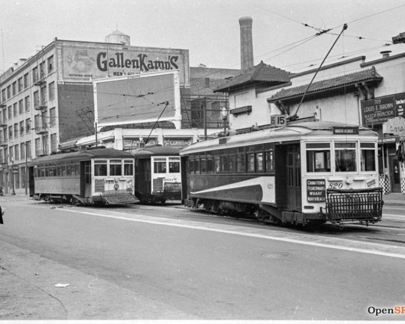 A photo from OpenSFHistory.org showing the 15, 16, and 29 Streetcars outside the Southern Pacific Railroad Depot in 1940, shortl