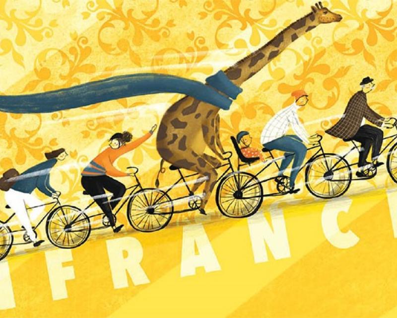 Image of Muni Art with people and a giraffe on bicyles