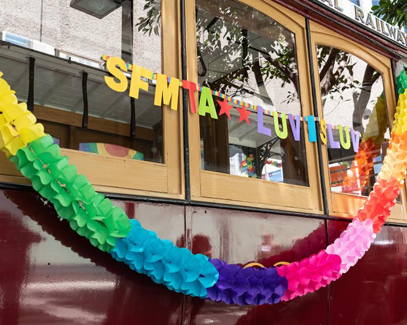 Image of cable car with banner stating "SFMTA LUV"