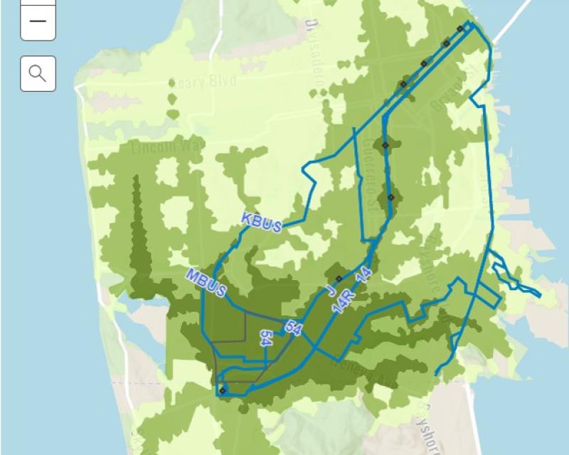 Map highlighting 30 and 45 minute commute access via transit from the Oceanview/ingleside neighborhood in May 2021