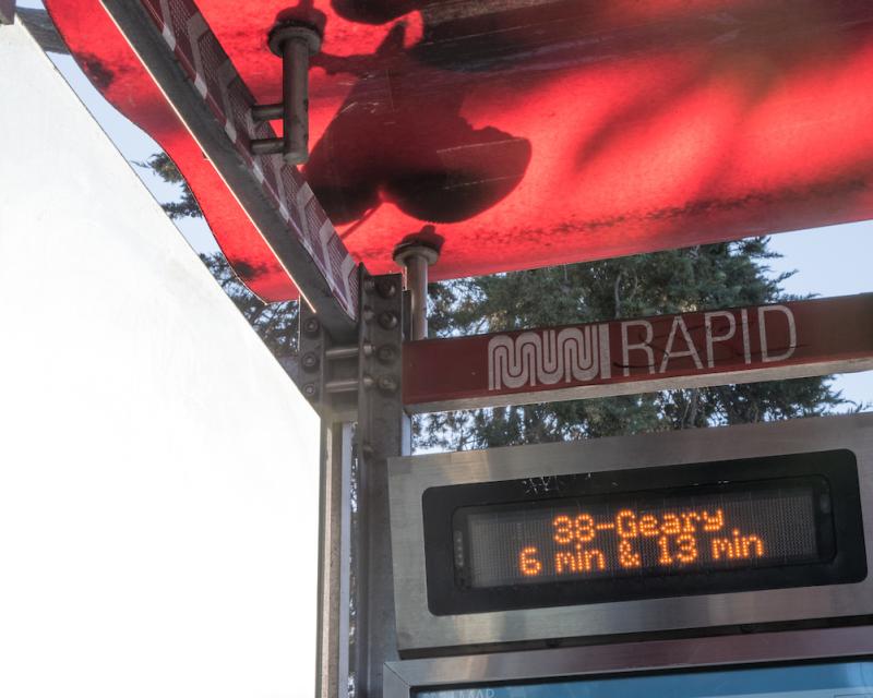 NextMuni display showing 38 Geary arrivals