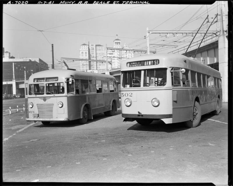 Two Muni buses lay over at the “Bridge Terminal” at Beale and Howard Streets in this November 1941 photograph