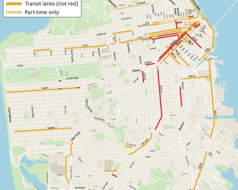 Map showing transit lanes in San Francisco
