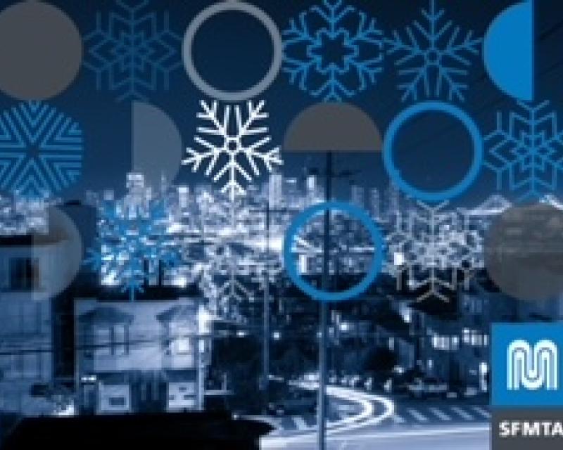 Silhouette image of city streets overlaid with snowflakes and the SFMTA logo 