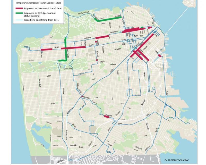 Map of San Francisco showing permanent and temporarily approved transit lanes