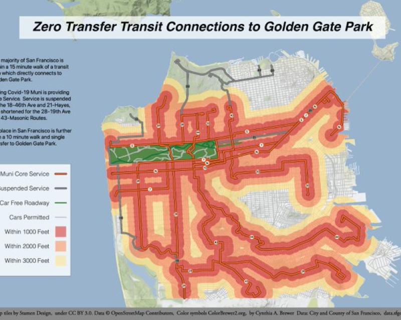  A map of San Francisco showing Muni lines that offer direct service to Golden Gate Park