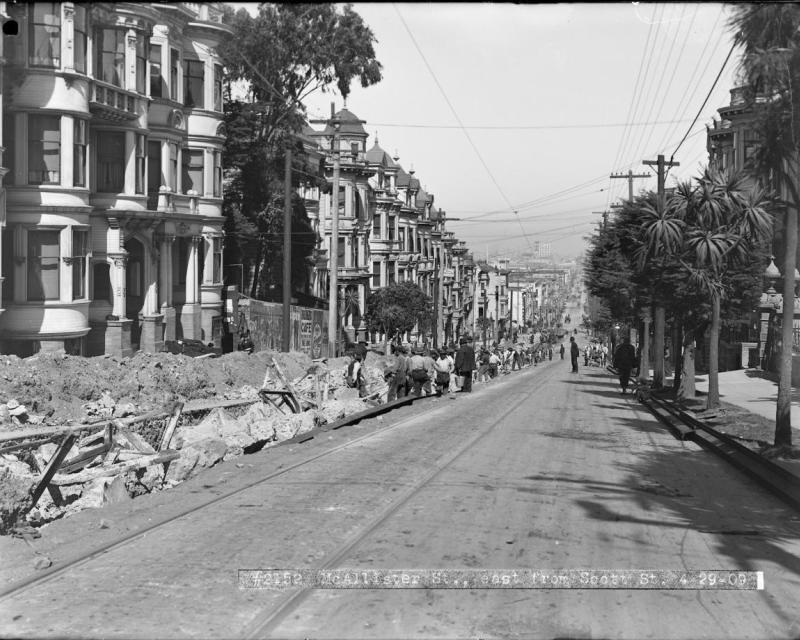 Laborers dig cable car “yokes” out of the street on McAllister between Scott and Pierce streets. 