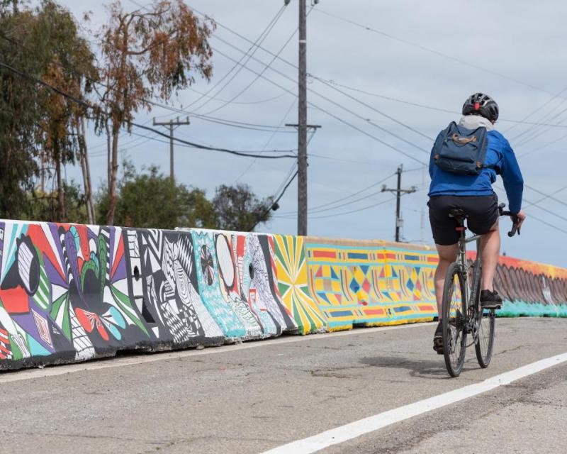 A cyclist is shown traveling in the newly installed bike lane on Hunters Point Boulevard, separated with concrete barriers. 