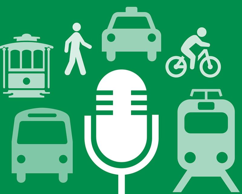 Graphic of a microphone with various elements of transportation around it making up the new Podcast logo