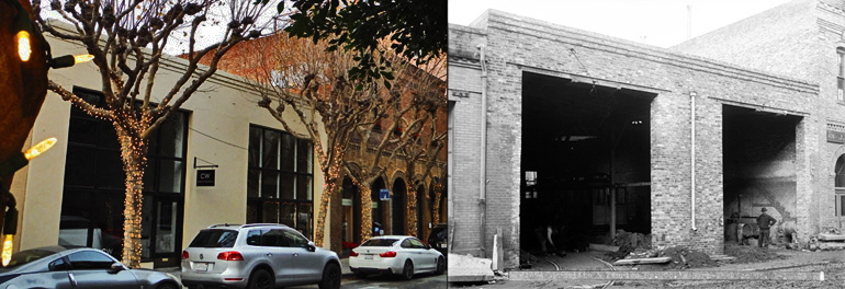 Then and now view of a simple building in the Jackson Square Historic District. The two door structure once housed vehicles of the Presidio and Ferries Railroad and was likely built in the 1880s. As the name implies, the small railroad—which had both cable cars and steam-powered vehicles—ran from the Ferry Building out to the Presidio. Image on the right shows the structure in 1908 with open bays for railroad vehicles; to the left, with strands of white lights in 2015.