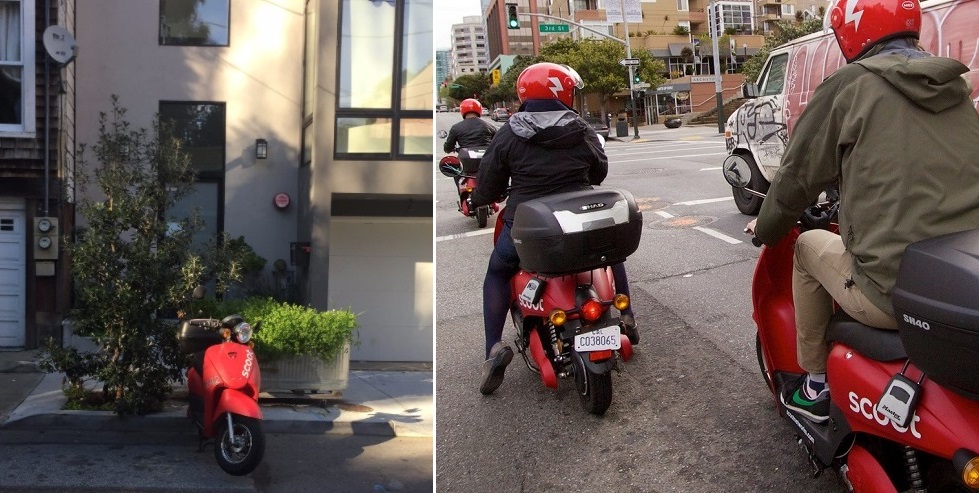 Two photos. One shows a Scoot e-moped parked at a curb on a residential street. The other shows three people riding Scoot e-mopeds on a street.