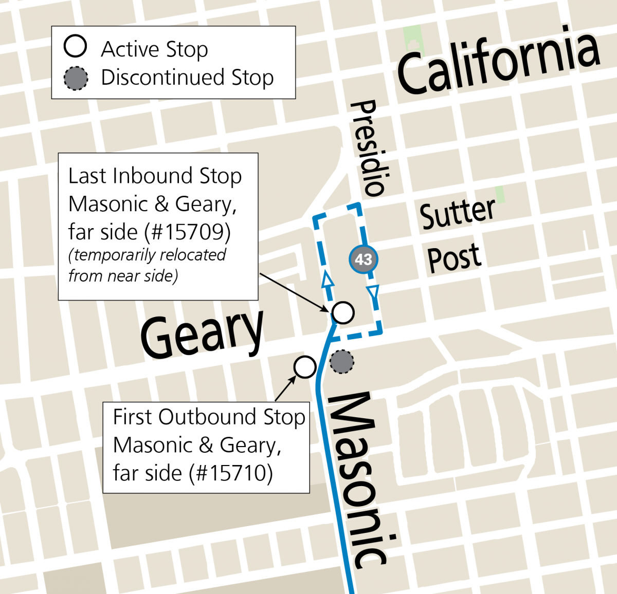 Modified map of the 43 Masonic showing the stops at Masonic & Geary and the northern terminal loop to Presidio & Sutter