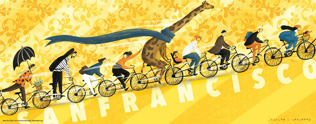Jocelyn Li Langrand's illustration of people and a giraffe riding bikes up a hill with "San Francisco" written upon it