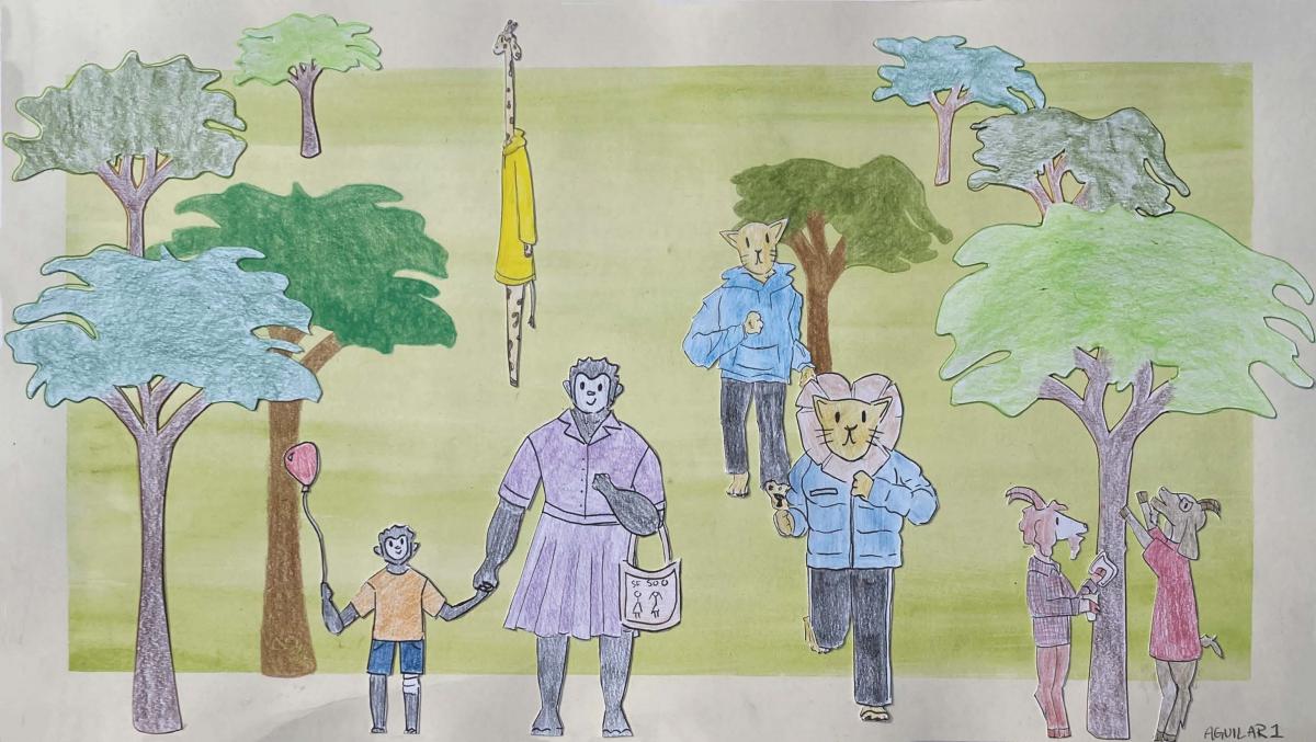 Various animals; including a giraffe in a yellow coat, a monkey boy with a balloon in an orange shirt, his mother in a purple dress, a lion in a blue sweatshirt and trousers, a male lion in a blue puffy jacket and trousers and a pair of goats in jackets. Also many trees in shades of green and blue.