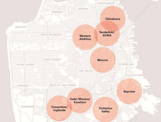 A map displaying the eight neighborhoods identified in the 2018 Muni Service Equity Strategy. These neighborhoods are largely concentrated in the eastern and southern parts of the city.