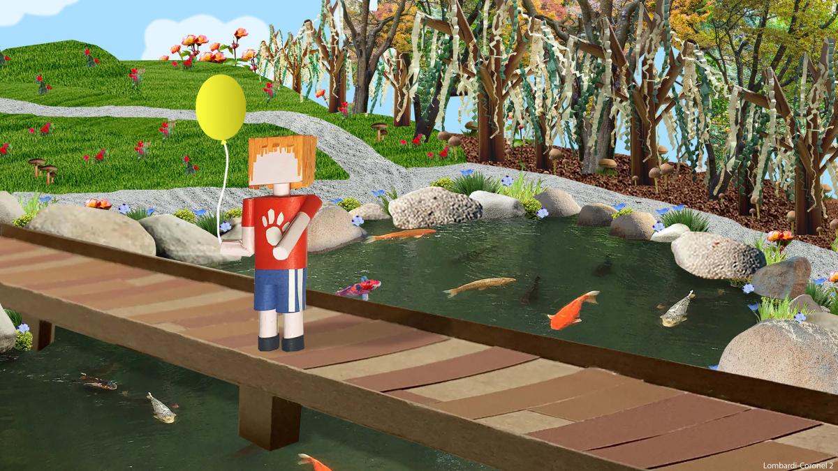 Paper Collage with row of trees and mushrooms in the background. Grassy knoll with a path, flowers and mushrooms. A koi pond surrounded by stones filled with multicolored fish. A wooden bridge with a young person holding a yellow balloon.