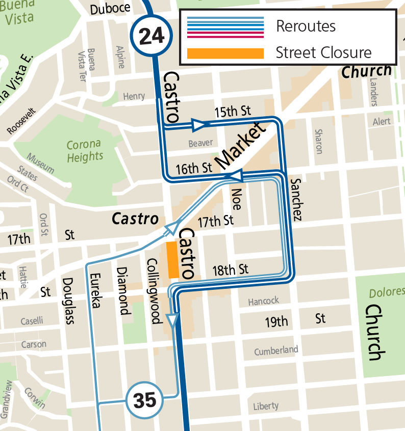 Map showing the reroutes for Muni's 24 Divisadero and 35 Eureka routes around the Castro between 18th and Market streets.