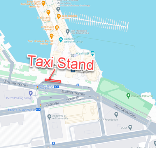 Map for the location of taxi stands in Pier 39