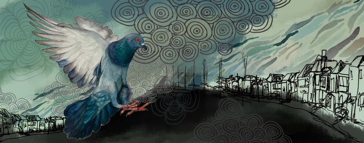 Drawing of a pigeon in foreground with a sketch of the city skyline and circles as whimsical clouds