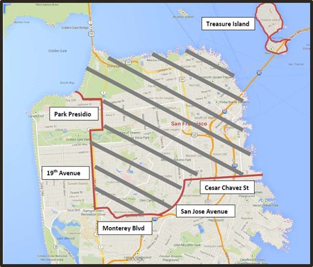 A map of the outlying areas of San Francisco, as defined by the Ramp Taxi Incentive Program. The outlying areas include Treasure Island, southern parts of the city, and western parts of the city.