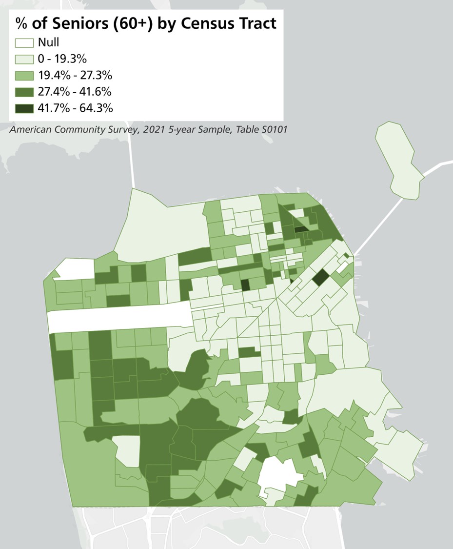 Map displaying the percentage of seniors in each census tract. Census tracts with the highest percentages of senior resident are concentrated in the northeastern and southwestern quadrants of the city. 