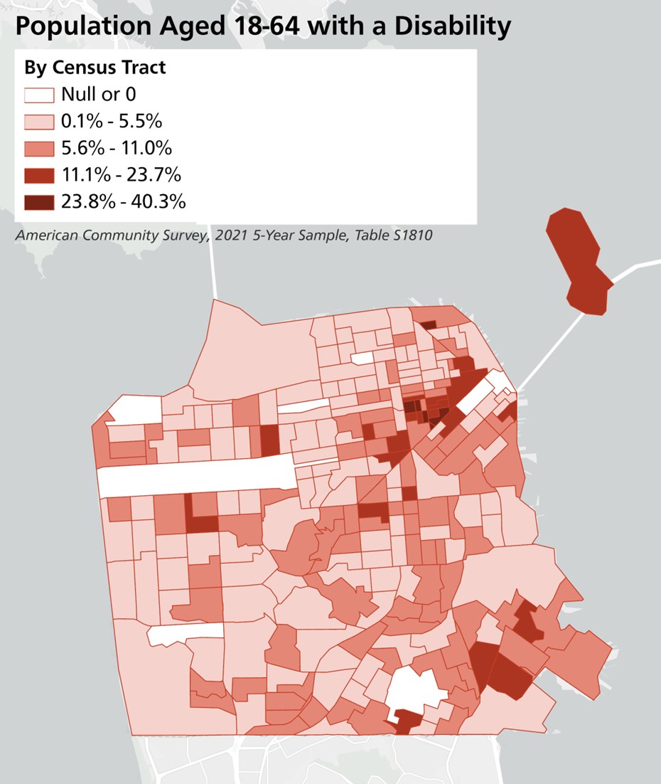 Map displaying the percentage of people aged 16-64 with a disability in each census tract. The census tracts with the highest percentages of residents aged 16-64 with a disability are located in the northeastern part of the city.. 