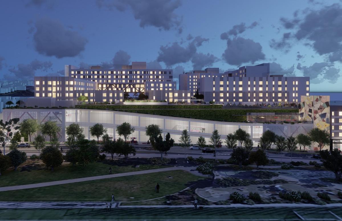 Rendering of bus facility and housing from 17th Street and Franklin Square at night