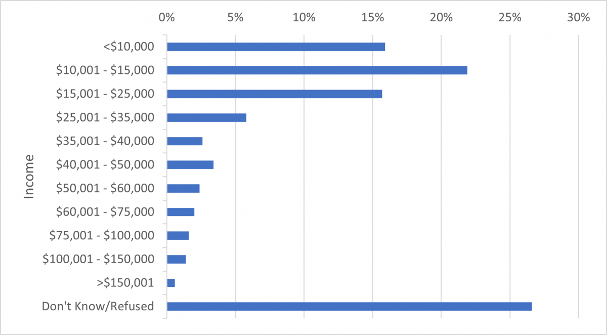 A chart displaying the percentages of paratransit riders by income. Of those who answered, the biggest chunk of riders had an income of $10.001-$15,000.