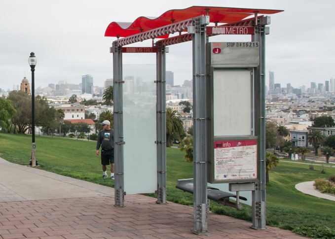 Photo of a bus shelter without an ad panel. 