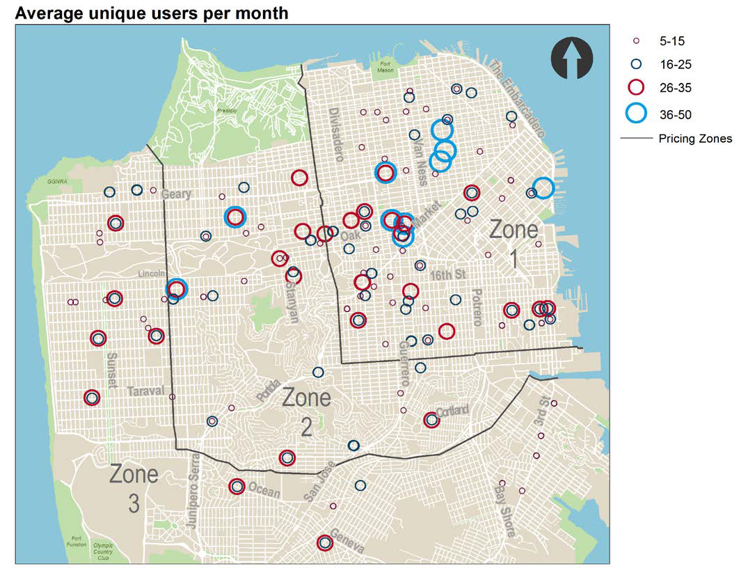 Map of San Francisco showing average number of unique users per car-share vehicle. 