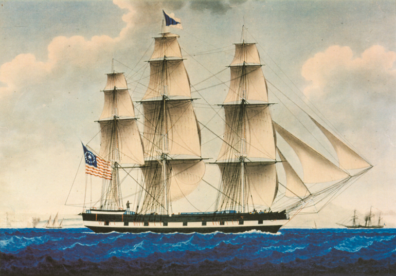 Reproduction of an 1848 watercolor painting depicting a three masted ship sailing full sail in deep blue ocean waters.