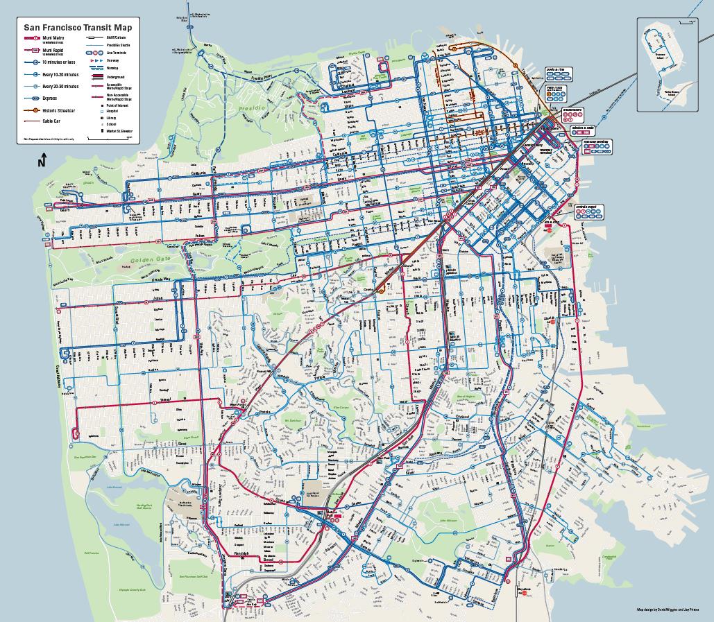 New Muni map of San Francisco show Muni service in red and blue lines, varying thicknesses show levels of frequency.