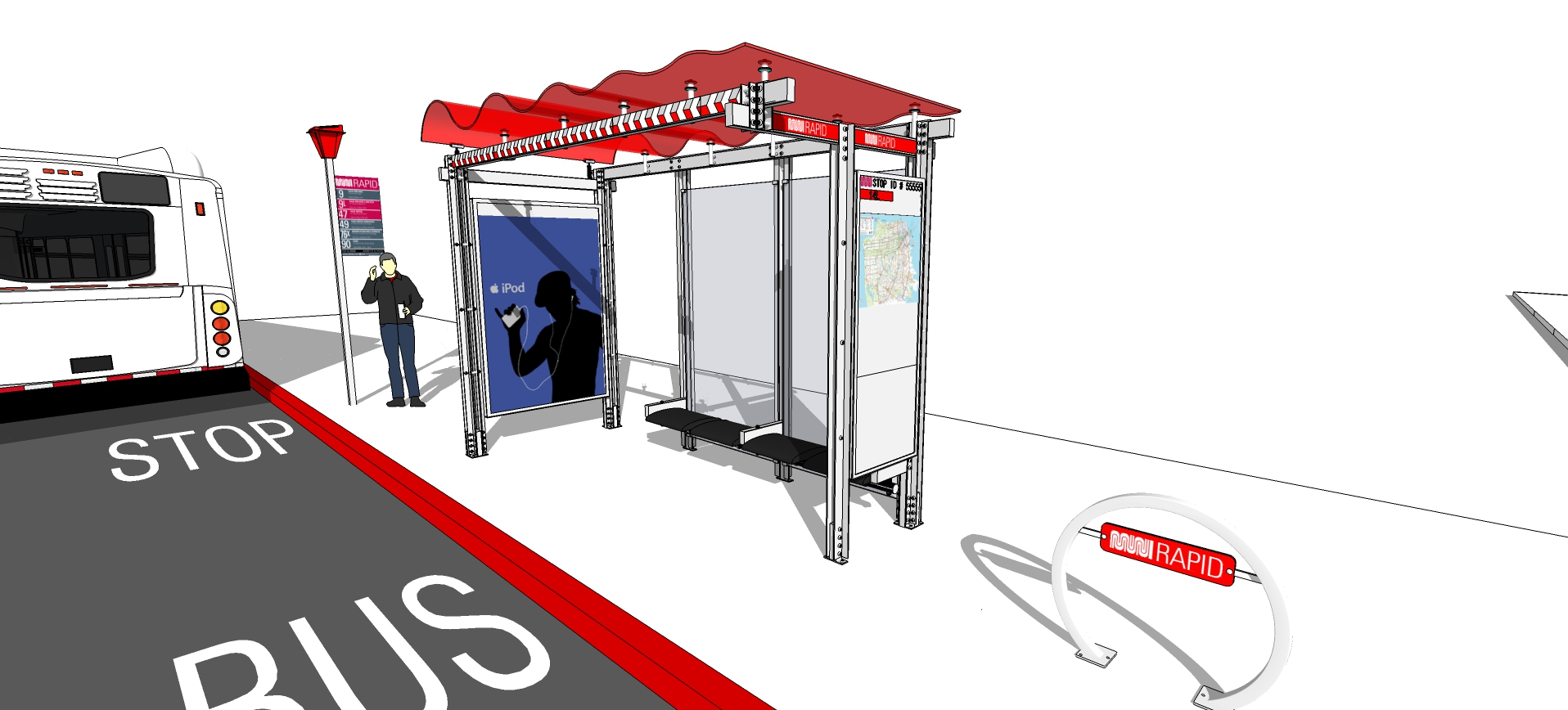 New Muni shelter signs show Rapid graphics in red and white on a rendering of a shelter on a street.
