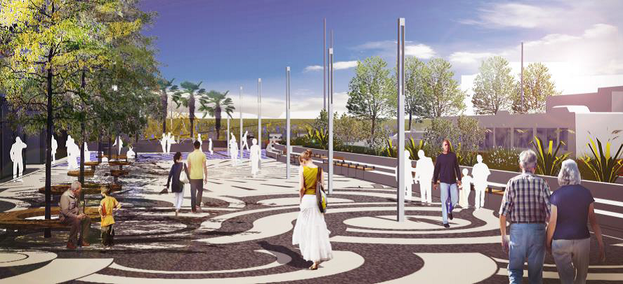 Rendering of a plaza with decorative paving in dark and light waves with light poles and trees and people walking between them.