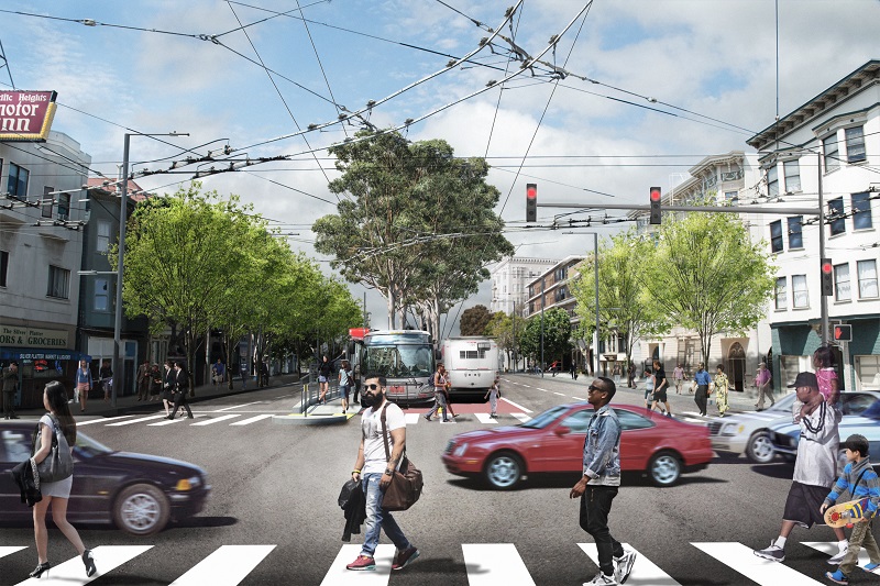 An artists rendering shows the intersection of Van Ness and Union once construction is complete, including center-running bus lanes and boarding platforms.
